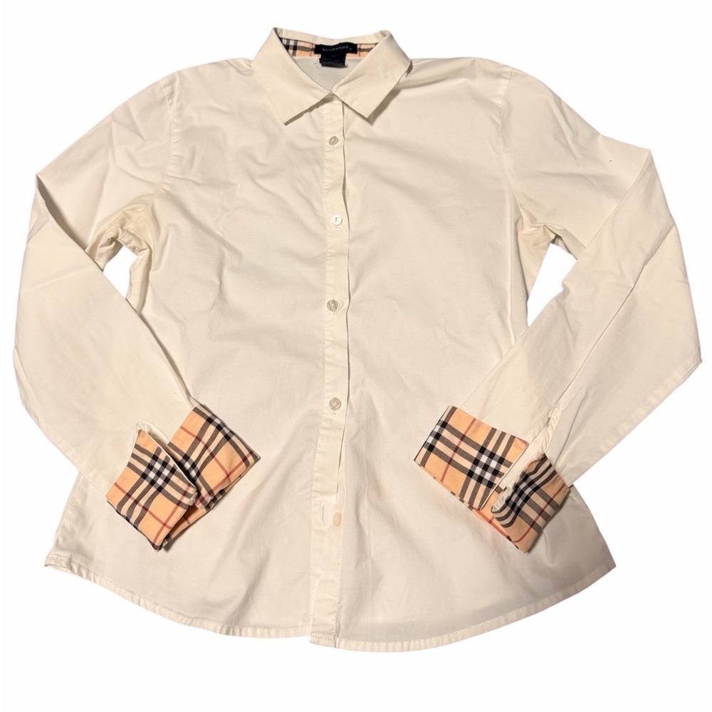 BURBERRY LONDON White Button Down Blouse Shirt Nova Check Cuffs Girls Size 12